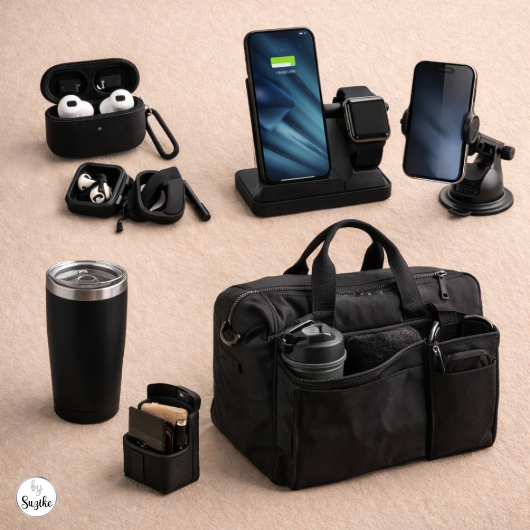 Flat lay of practical gifts for him on a beige background, including wireless earbuds with cases, a phone and watch charging dock, a car phone mount, an insulated tumbler, a gym bag, and a wallet.