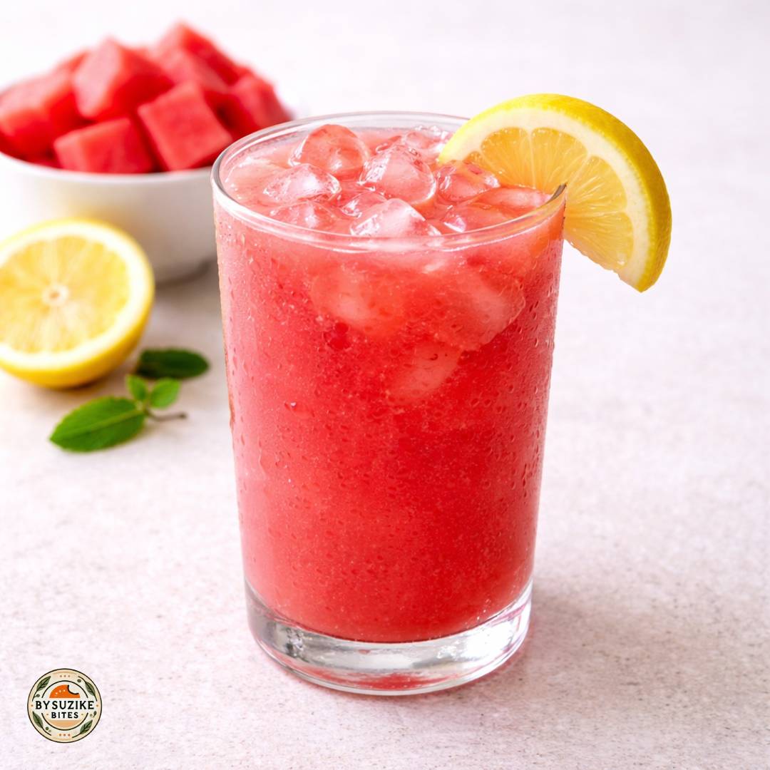 Watermelon electrolyte drink in a glass with ice and a lemon wedge