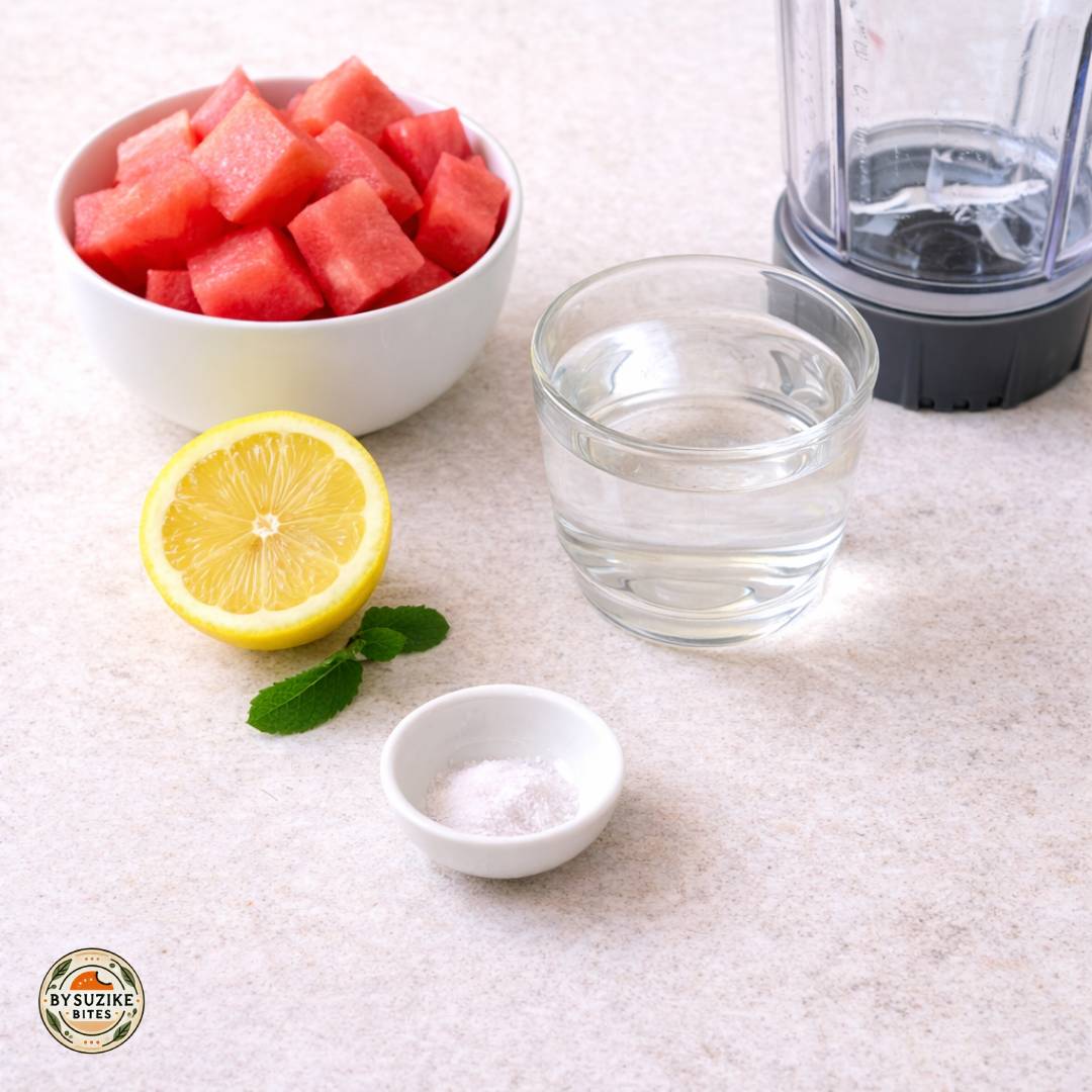 Ingredients for watermelon electrolyte drink with watermelon lemon salt and water