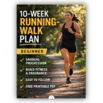 Thumbnail for a free 10-week beginner running-walk plan PDF featuring a woman running outdoors in a park.