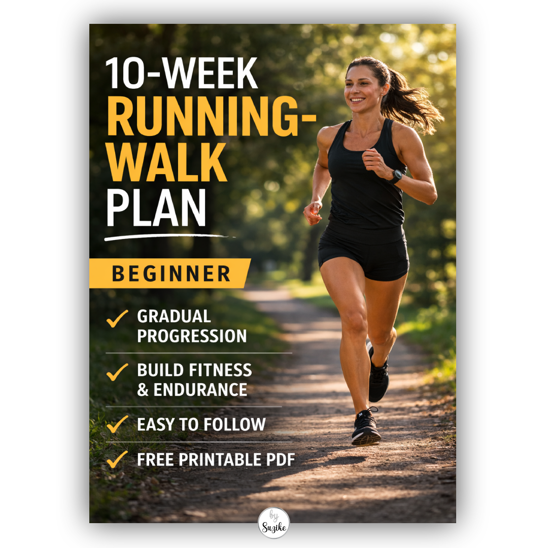Thumbnail for a free 10-week beginner running-walk plan PDF featuring a woman running outdoors in a park.