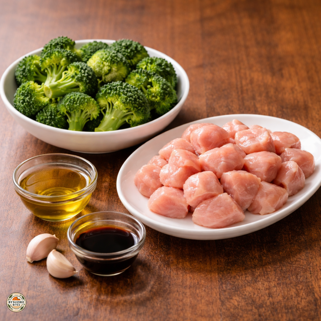 5-ingredient-chicken-and-broccoli-skillet-ingredients ingredients for a 5 ingredient chicken and broccoli skillet on a wooden counter