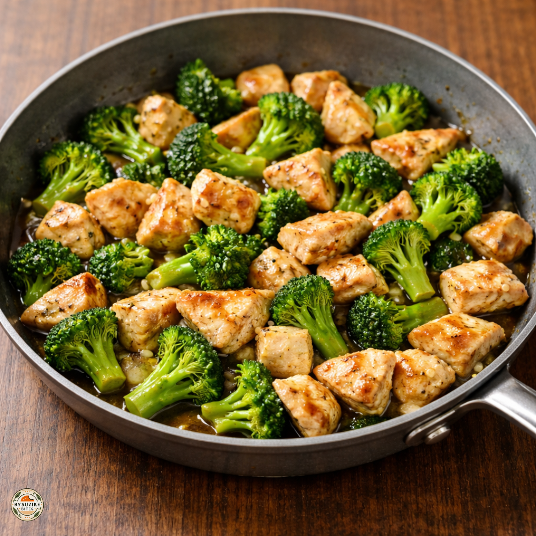 5 ingredient chicken and broccoli skillet in a pan on a wooden counter