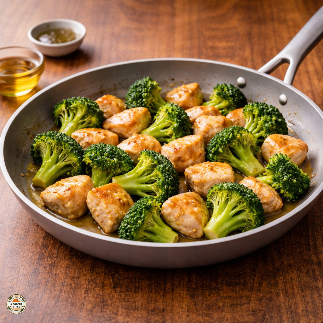 5-ingredient-chicken-and-broccoli-skillet-pan-angle 5 ingredient chicken and broccoli skillet in a pan from a different angle