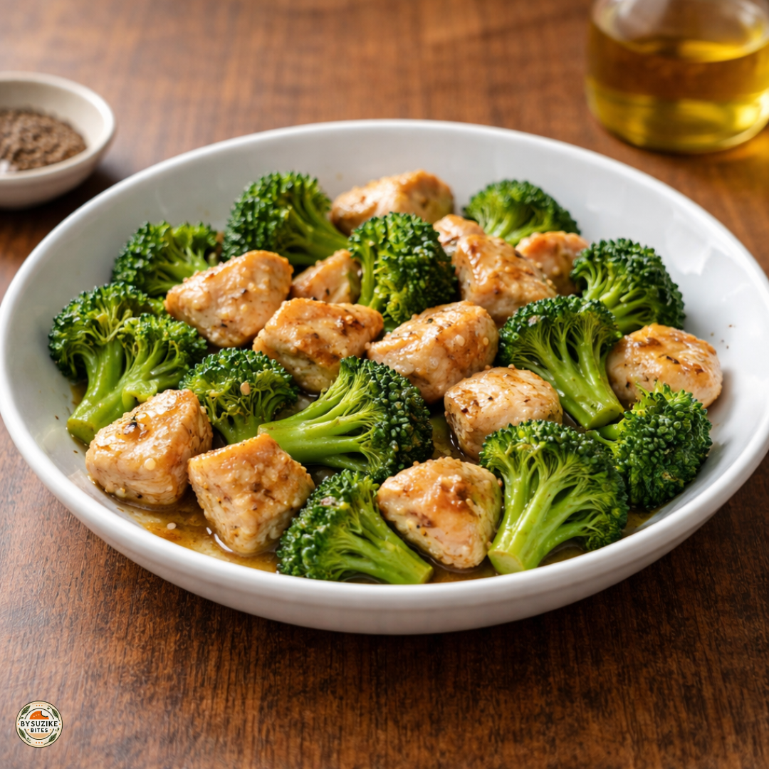 5-ingredient-chicken-and-broccoli-skillet-plated plated 5 ingredient chicken and broccoli skillet in a white bowl