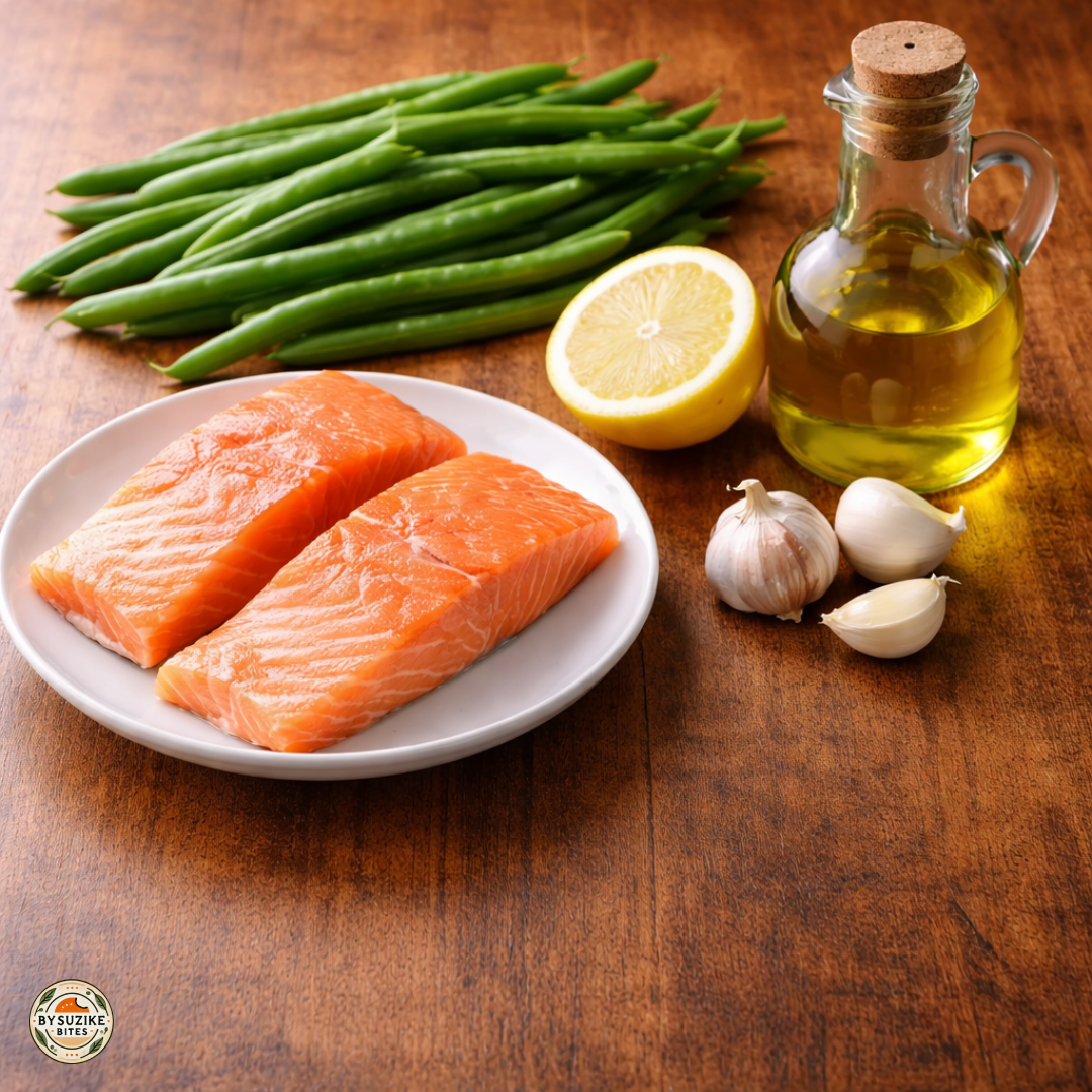 ingredients for a 5 ingredient salmon with green beans recipe on a wooden counter