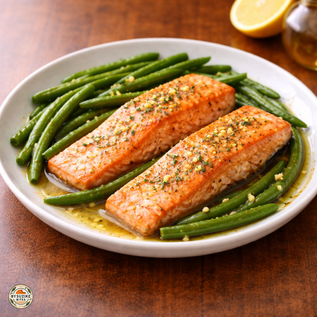 plated 5 ingredient salmon with green beans served as a healthy dinner