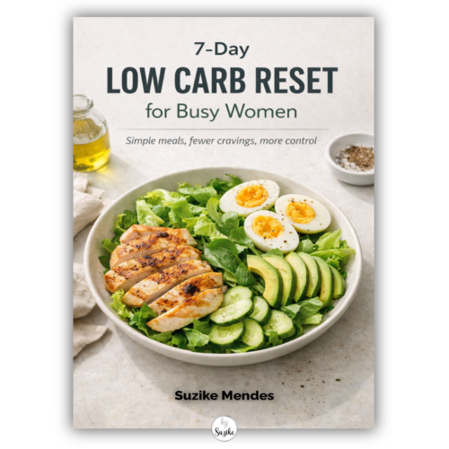 WooCommerce product thumbnail for 7-Day Low Carb Reset for Busy Women by Suzike Mendes, showing a realistic low carb chicken salad ebook cover with eggs, avocado, cucumber and lettuce on a light neutral background.