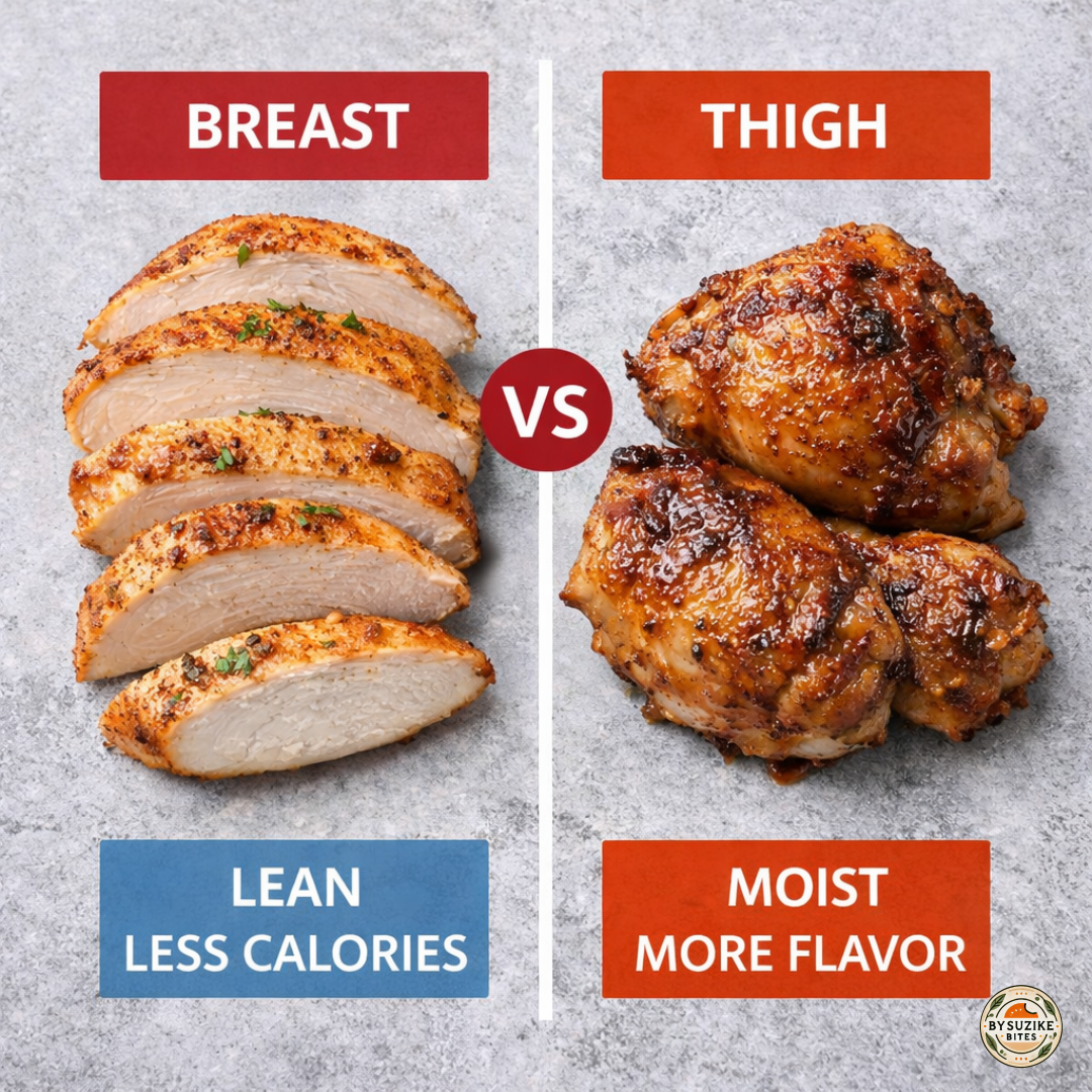Side by side comparison of air fryer chicken breast and chicken thighs showing sliced lean chicken breast on one side and juicy air fried chicken thighs on the other.