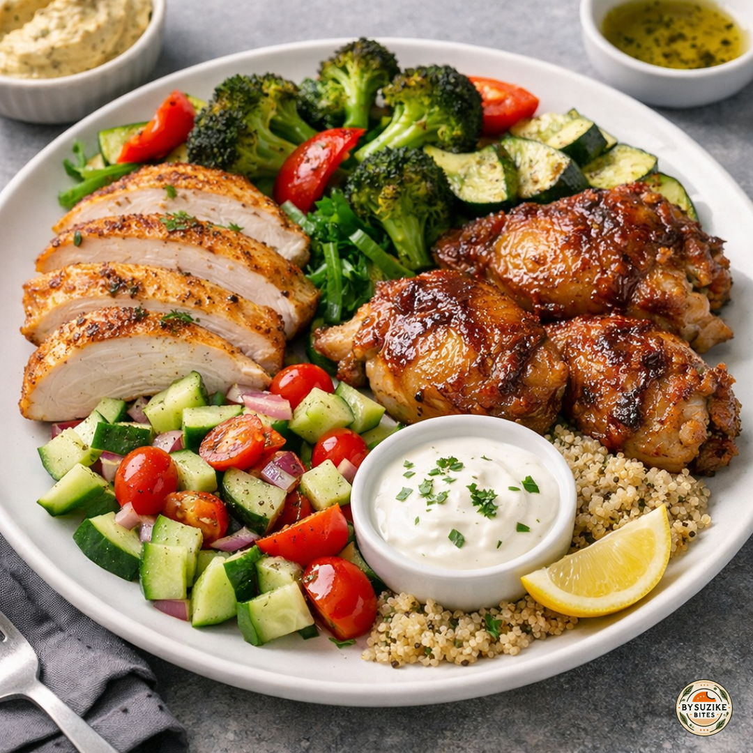 Air fryer chicken breast and chicken thighs served side by side on a dinner plate with vegetables, quinoa, salad, and yogurt dip for a weight loss friendly weeknight meal.