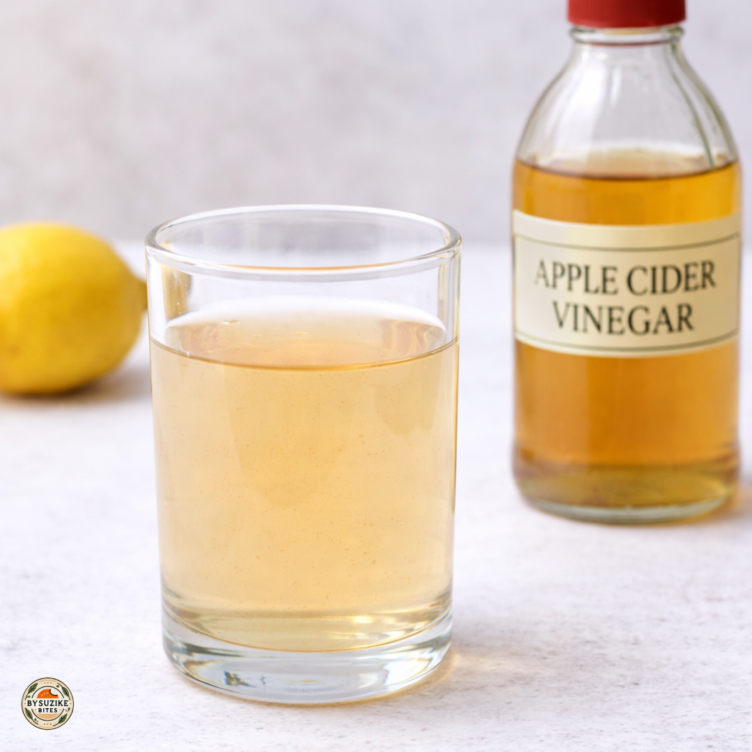 Apple cider vinegar drink in a clear glass with a bottle of apple cider vinegar and lemon in the background