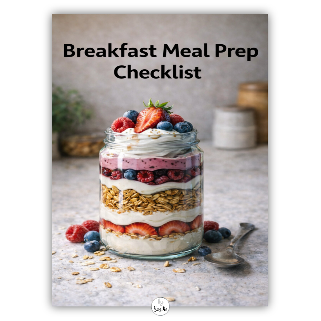 Thumbnail for a free Breakfast Meal Prep Checklist PDF featuring a realistic layered yogurt jar with berries and oats on a kitchen counter.