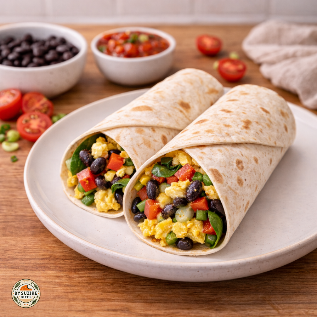Breakfast wrap with eggs, black beans, and veggies on a wooden kitchen counter