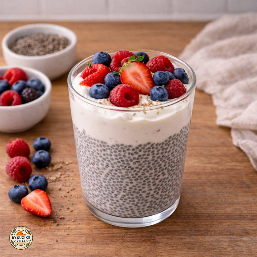 Chia pudding with Greek yogurt and berries in a glass on a wooden kitchen counter