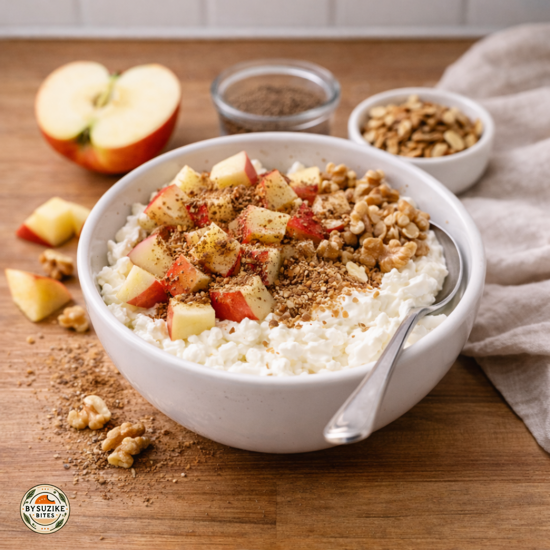 Cottage cheese breakfast bowl with apple and flaxseed on a wooden kitchen counter