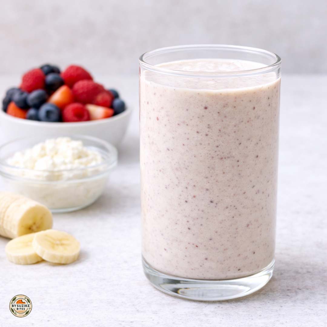 Cottage cheese breakfast shake in a tall glass with berries, banana, and cottage cheese on a light surface