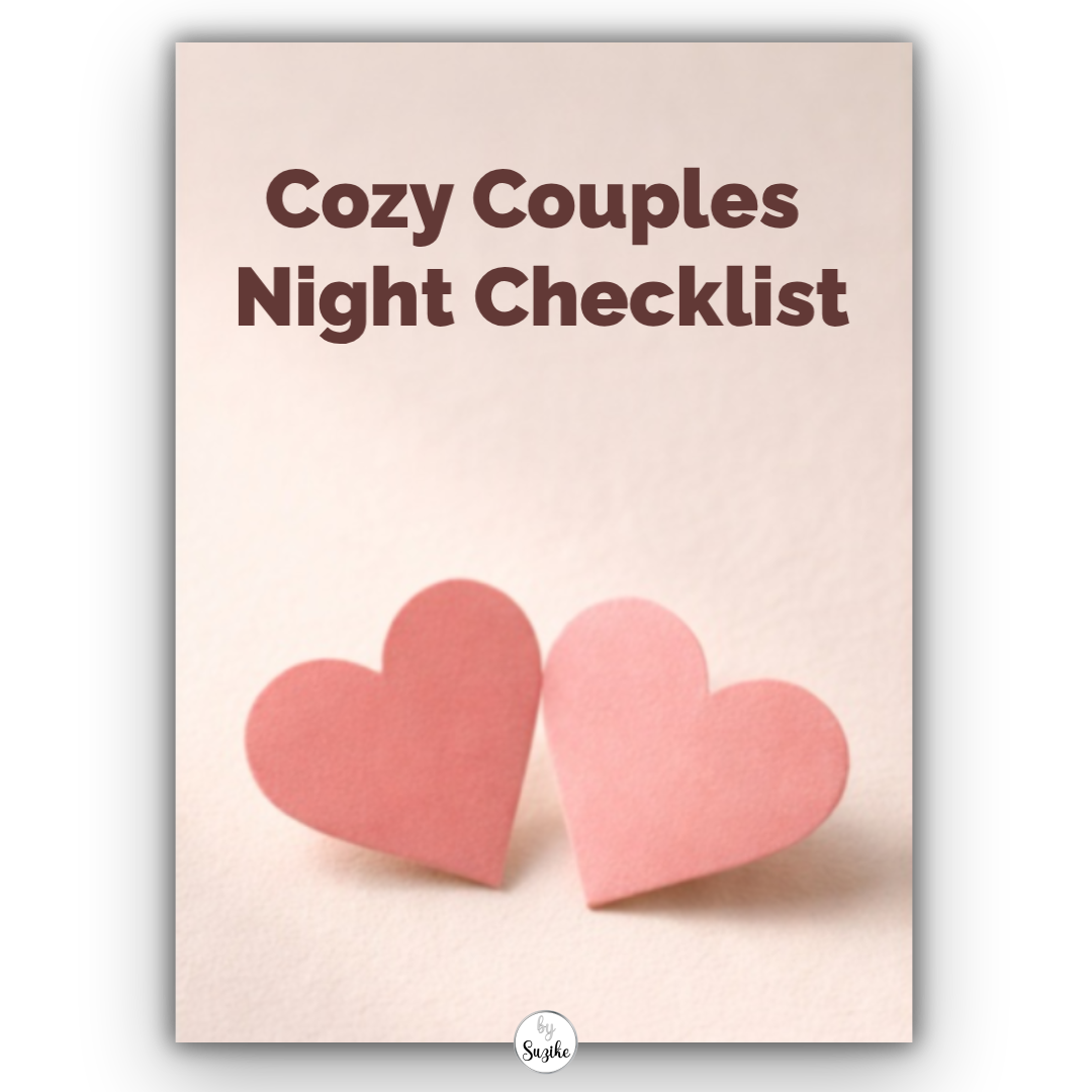 Free date night checklist printable PDF cover for a cozy night in, with two pink hearts on a neutral background.