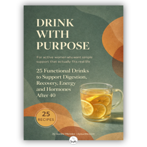 Drink With Purpose ebook cover with 25 functional drinks for digestion, recovery, energy and hormones after 40