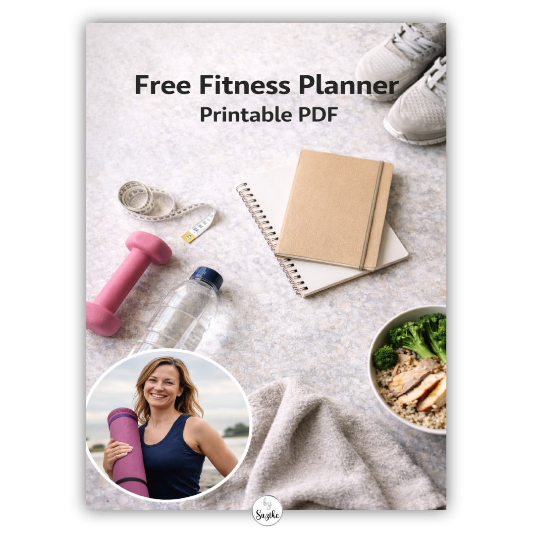 Thumbnail for a free Fitness Planner Printable PDF featuring fitness essentials, healthy food and a woman around 40 holding a yoga mat.