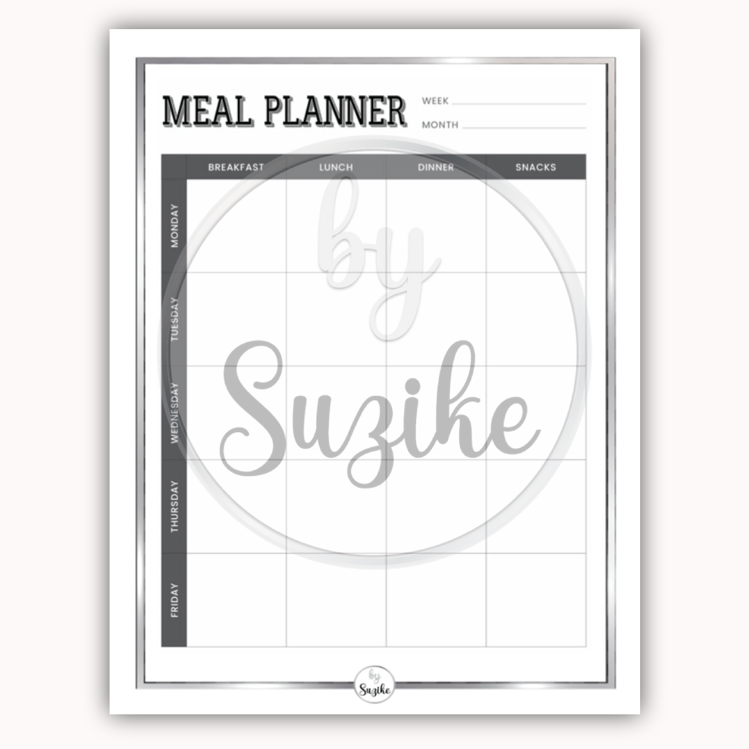 Preview Flat lay cover image for a free meal planner printable PDF with a healthy bowl, avocado, coffee, orange juice, pen and wooden spoon on a clean white background.