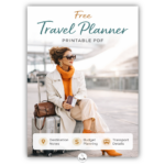 Stylish woman sitting on a suitcase at an airport wearing a cream coat and orange sweater, holding a passport and boarding pass on the cover of a free travel planner printable PDF.