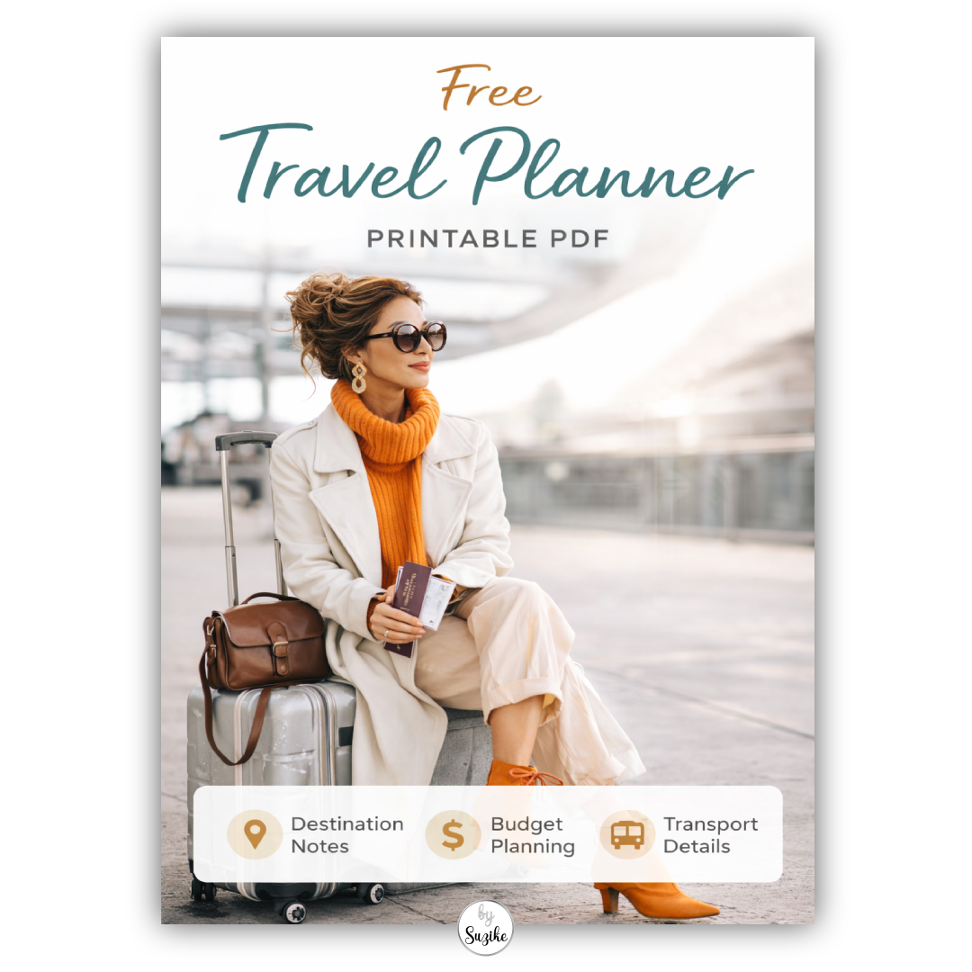Stylish woman sitting on a suitcase at an airport wearing a cream coat and orange sweater, holding a passport and boarding pass on the cover of a free travel planner printable PDF.