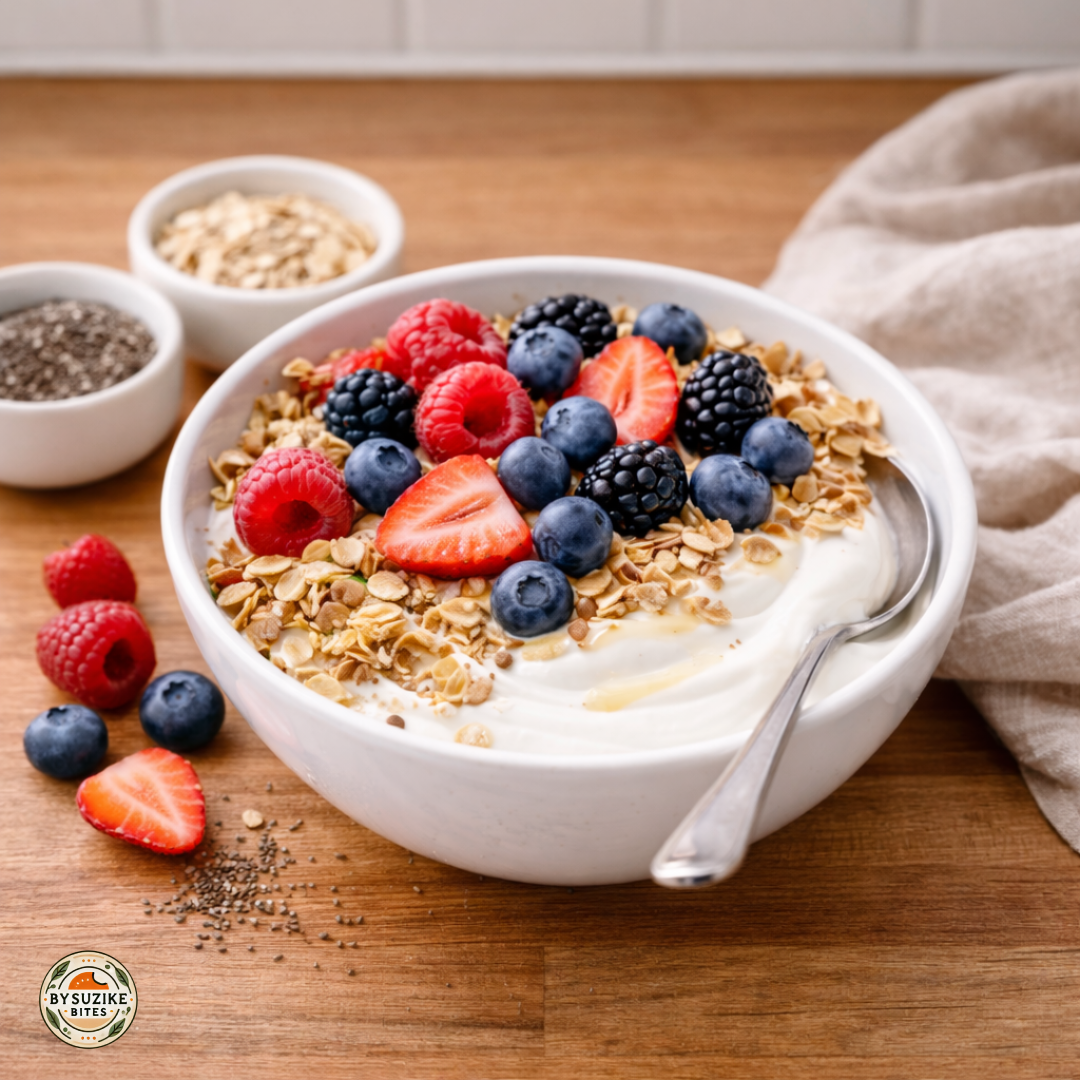 Greek yogurt bowl with berries, chia seeds, and oats on a wooden kitchen counter
