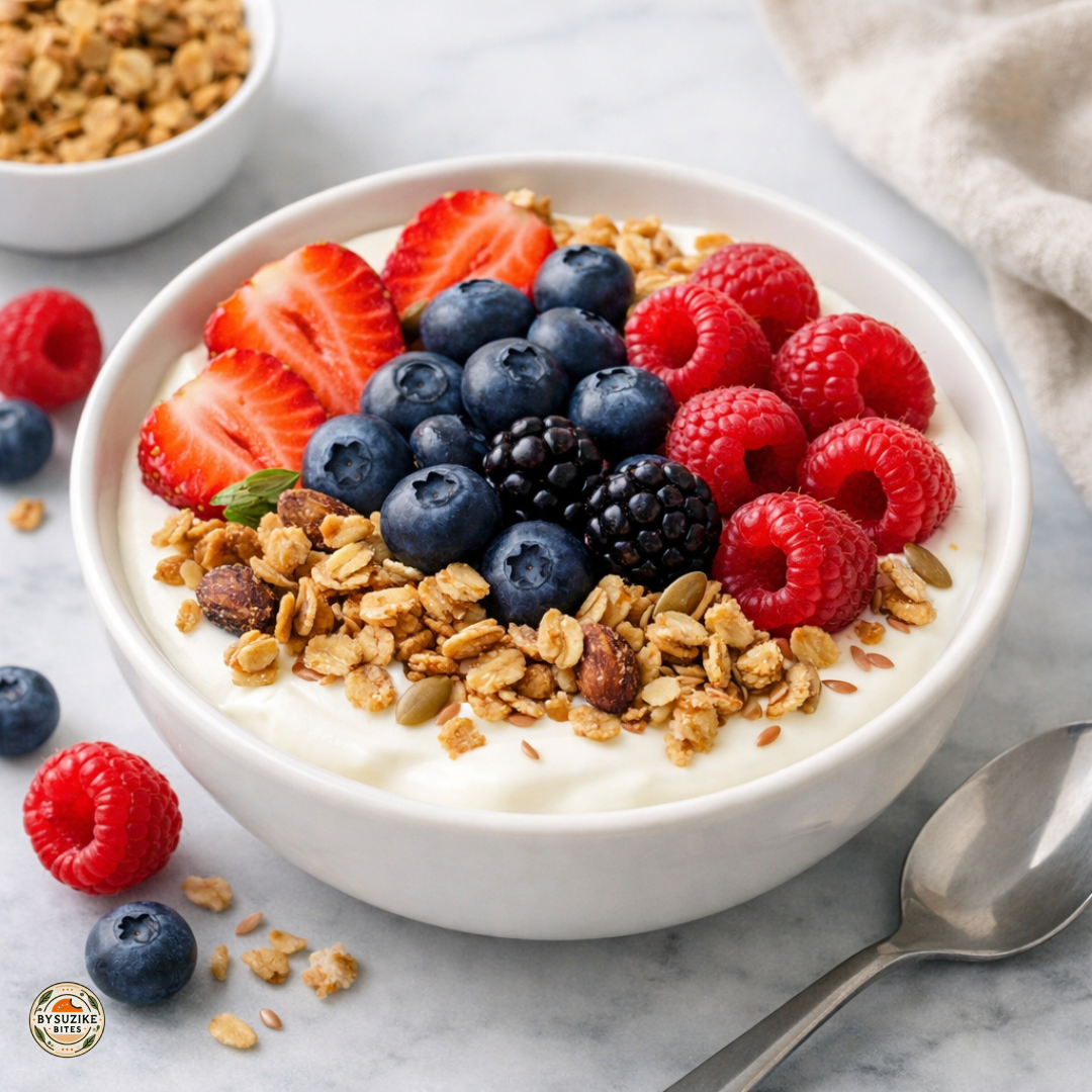 Greek yogurt bowl with berries and granola in a white bowl on a light surface