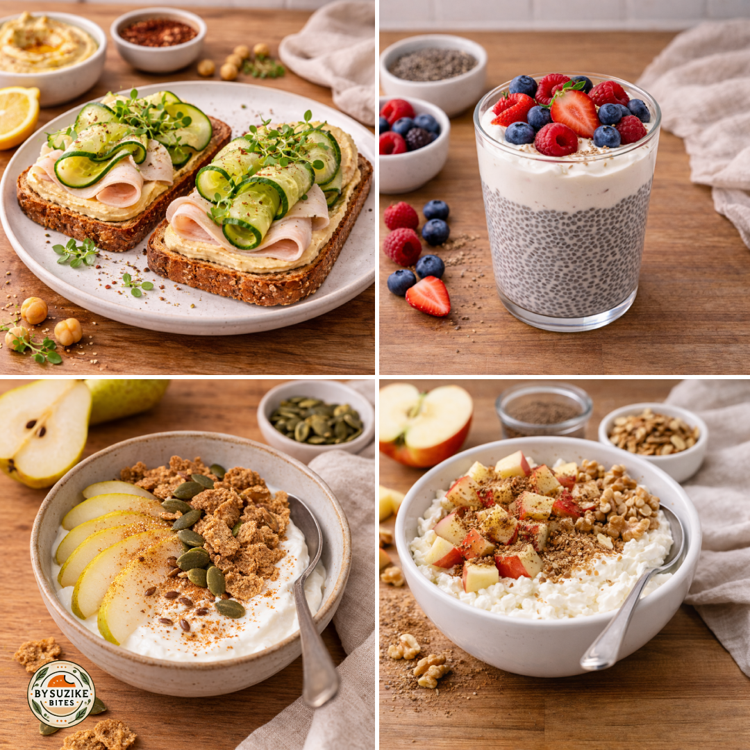 High protein high fiber breakfasts for busy women collage with a smoothie, savory oats, breakfast wrap, skyr bowl, and high protein toast