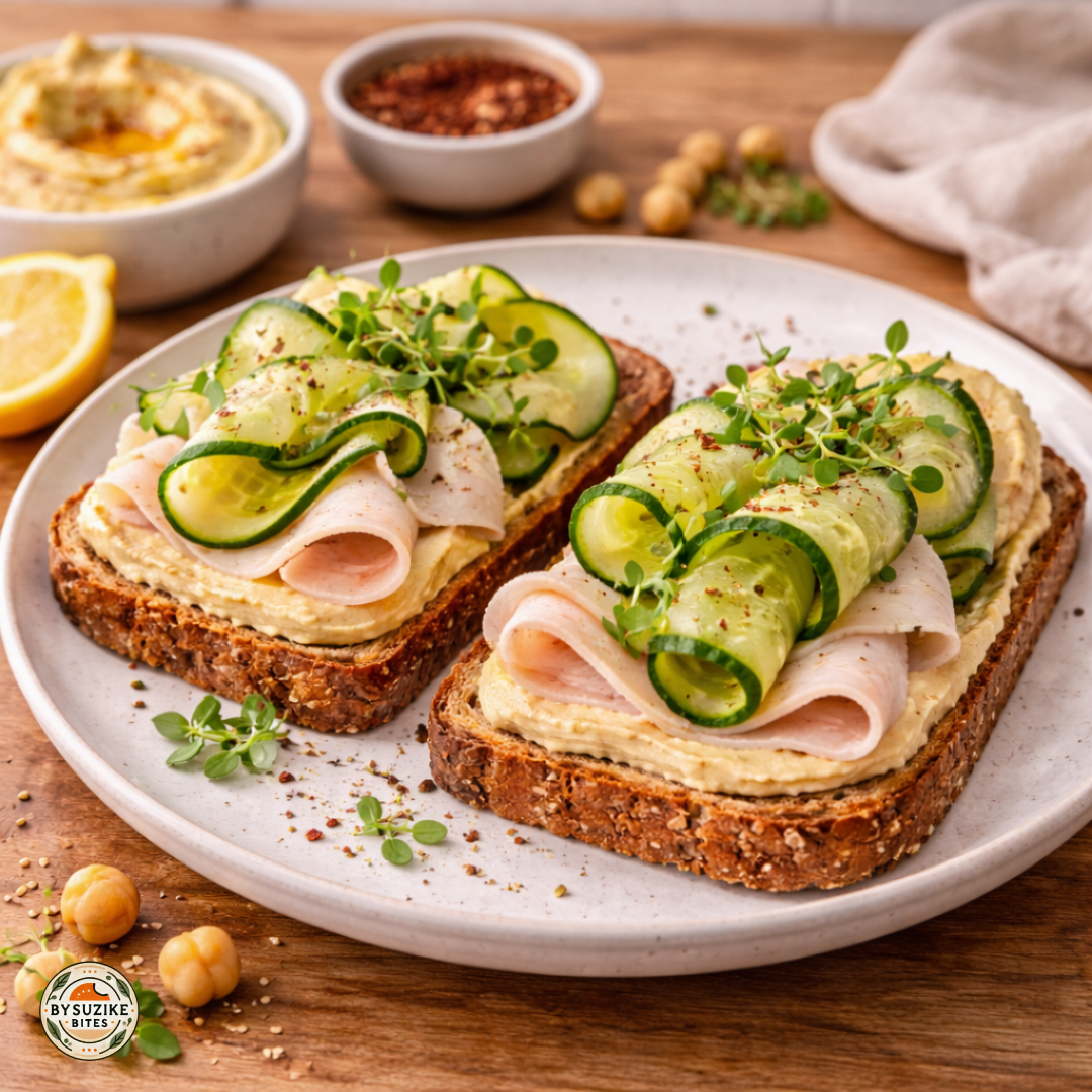 High protein toast plate with hummus, turkey, and cucumber on a wooden kitchen counter