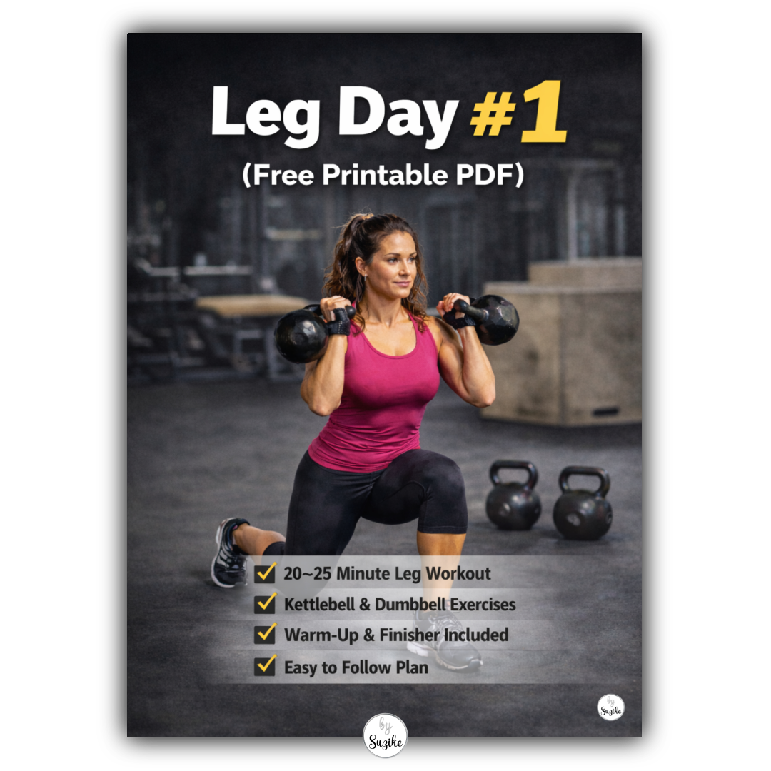 Thumbnail for a free printable Leg Day #1 workout PDF featuring a woman doing a kettlebell lunge in a gym.