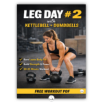 Cover of a free leg day workout PDF featuring a woman training with kettlebells and dumbbells in a gym, titled Leg Day #2 with Kettlebell + Dumbbells.