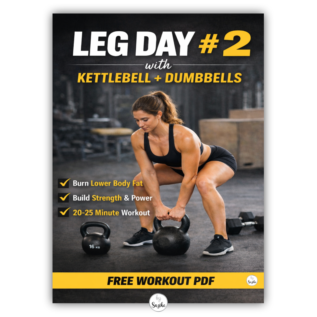 Cover of a free leg day workout PDF featuring a woman training with kettlebells and dumbbells in a gym, titled Leg Day #2 with Kettlebell + Dumbbells.