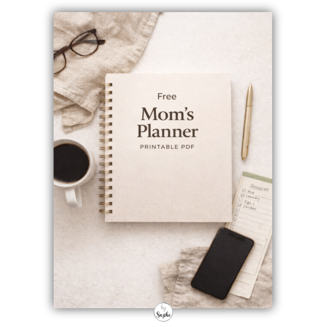 Cover of a printable mom planner PDF with a cooking pot illustration and bold Mom’s Planner title on a clean background.