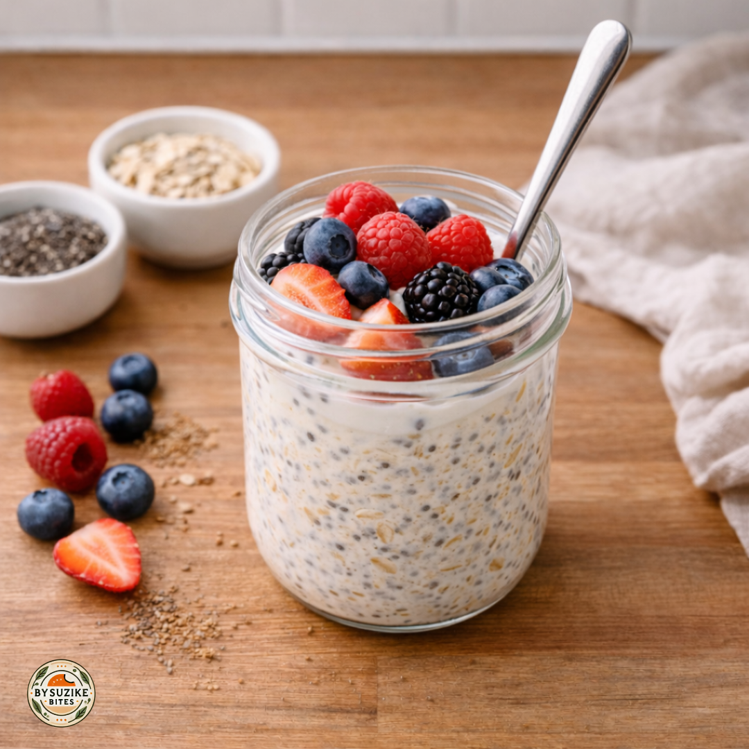 Overnight oats with yogurt and chia in a glass jar on a wooden kitchen counter