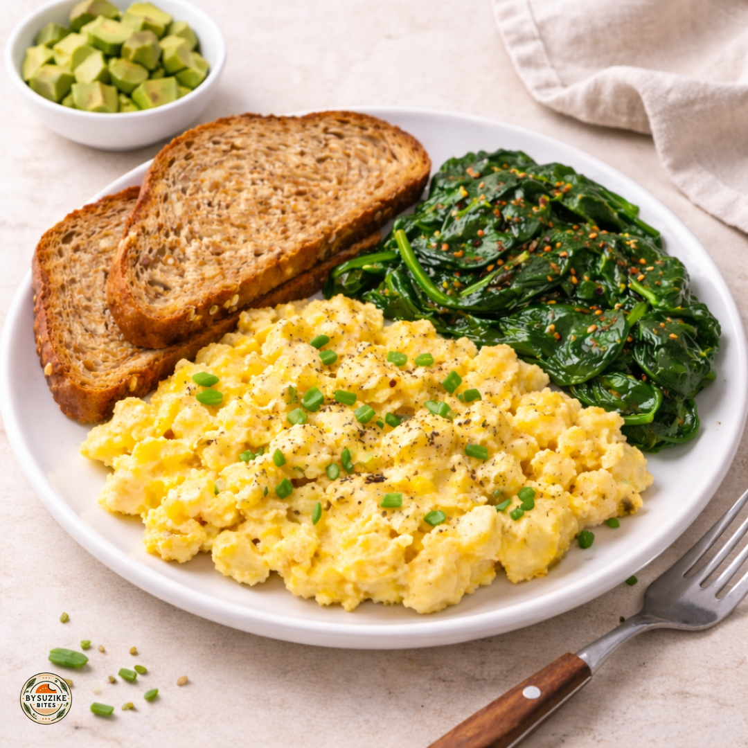 Scrambled eggs with spinach and whole grain toast as part of healthy breakfast ideas for the week