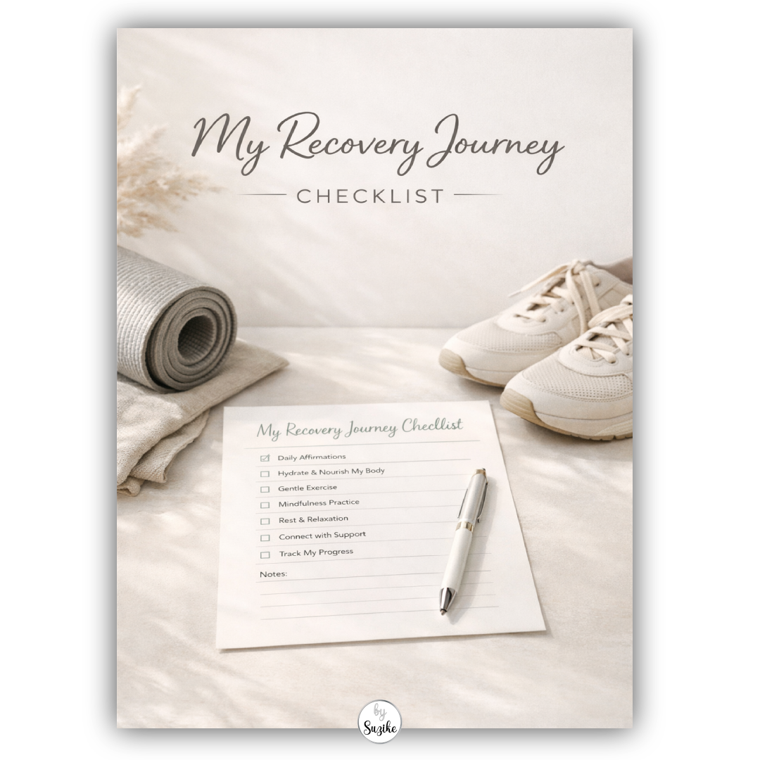 Printable cover for a free weekly recovery checklist with gentle movement, stretching, walking and rest
