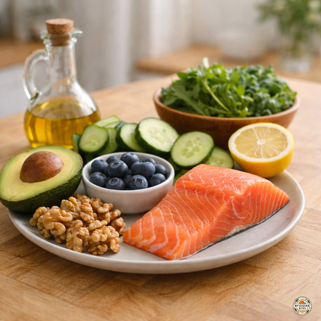 Anti-inflammatory foods on a wooden table including salmon, avocado, blueberries, leafy greens, olive oil, cucumber, walnuts and lemon.