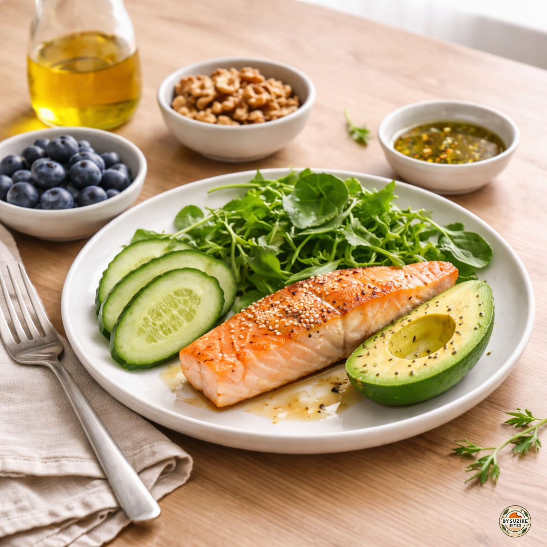 Anti-inflammatory meal with grilled salmon, avocado, leafy greens, cucumber, olive oil dressing, blueberries and walnuts on a wooden table.