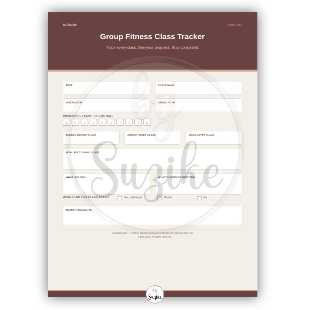 Group fitness class tracker for women preview styled with blush fitness accessories on a soft neutral background