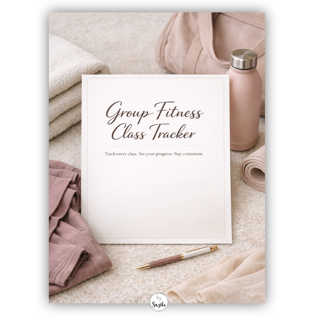 Group fitness class tracker for women cover styled with blush fitness accessories on a soft neutral background