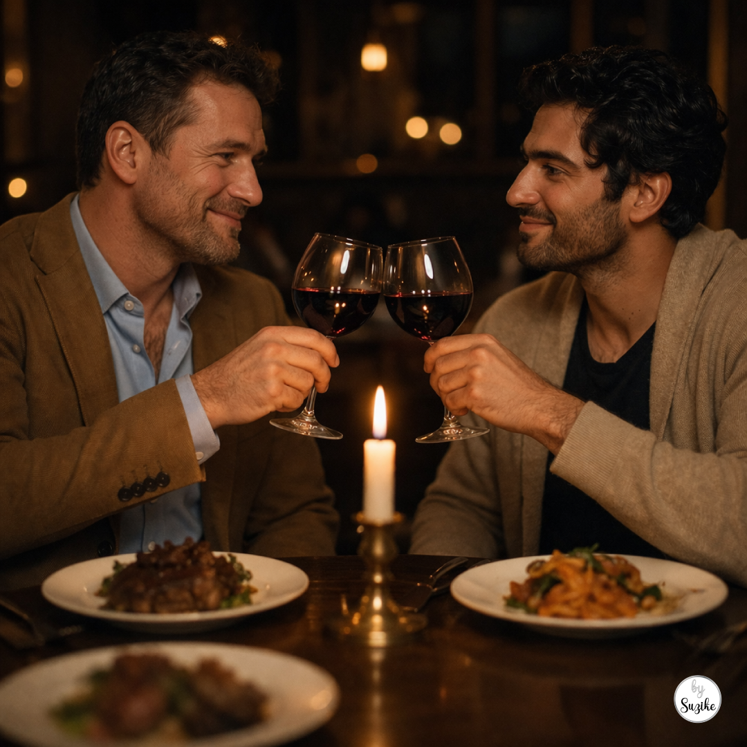 Gay couple toasting with wine at a romantic dinner, celebrating their living apart together relationship