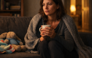 Loneliness single mother: Single mother sitting alone at home with a mug, reflecting in silence at night