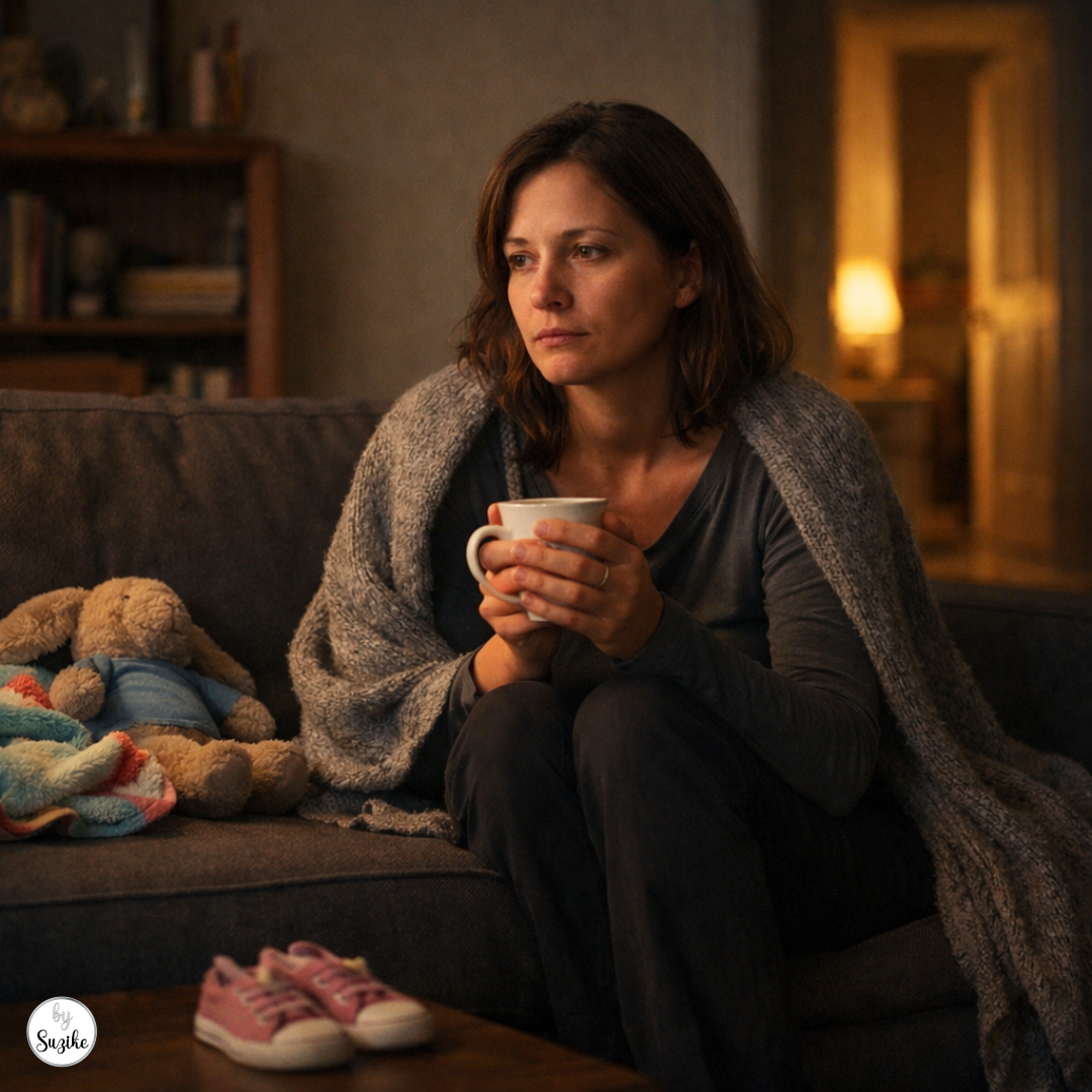 Loneliness single mother: Single mother sitting alone at home with a mug, reflecting in silence at night