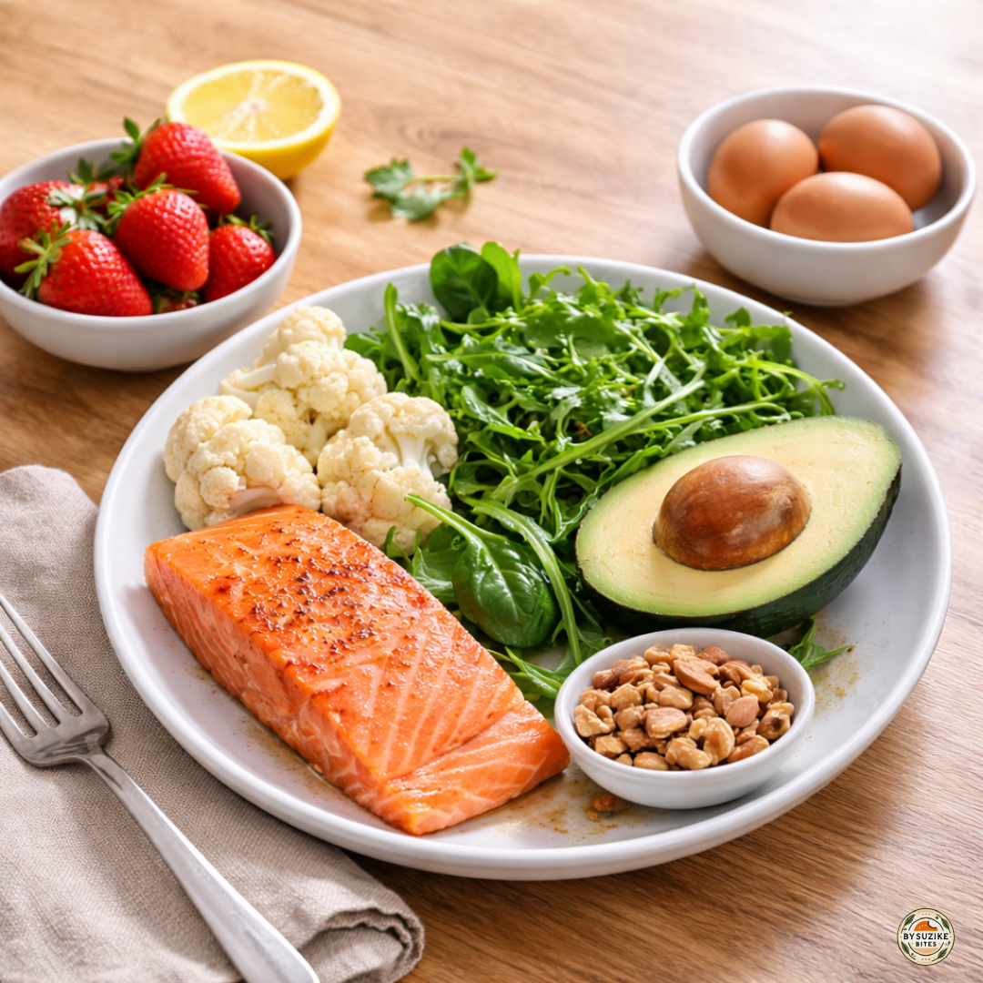 Low carb myths illustrated with salmon, avocado, eggs, berries, nuts, greens and cauliflower on a light background