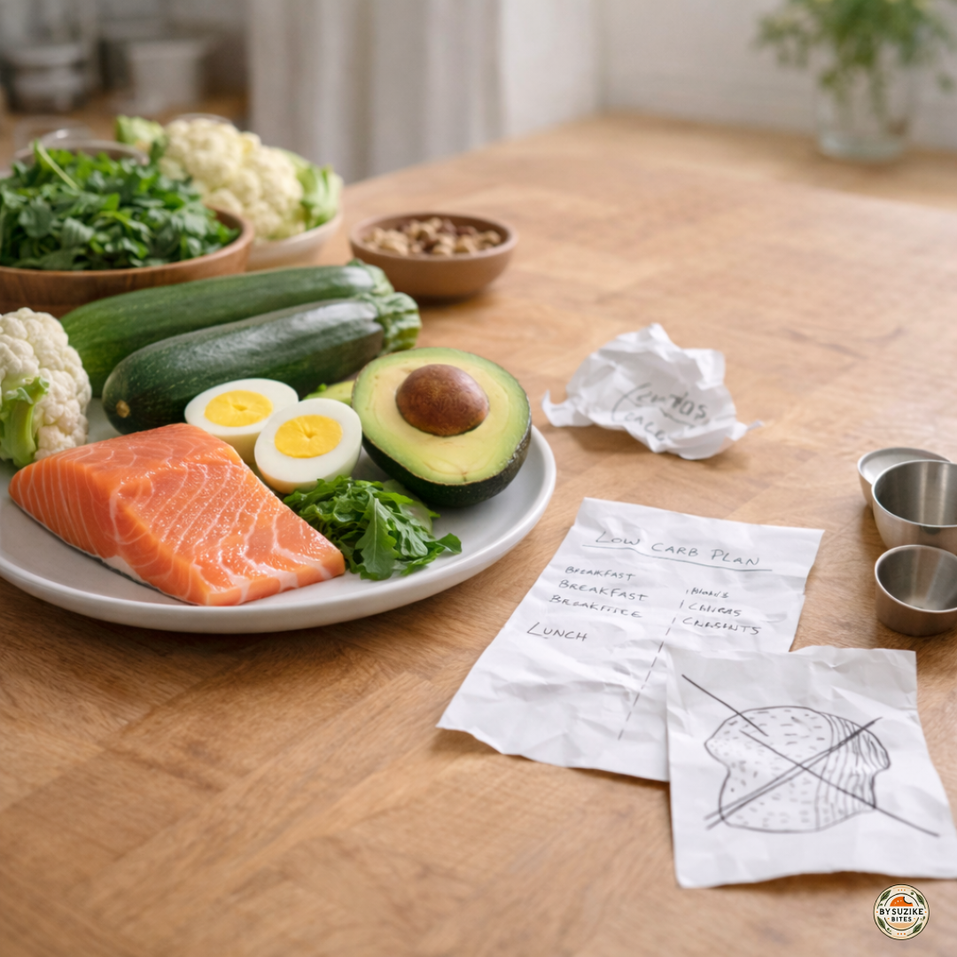 Low carb myths and a simple low carb plate with salmon, asparagus, cherry tomatoes, arugula, avocado and strawberries