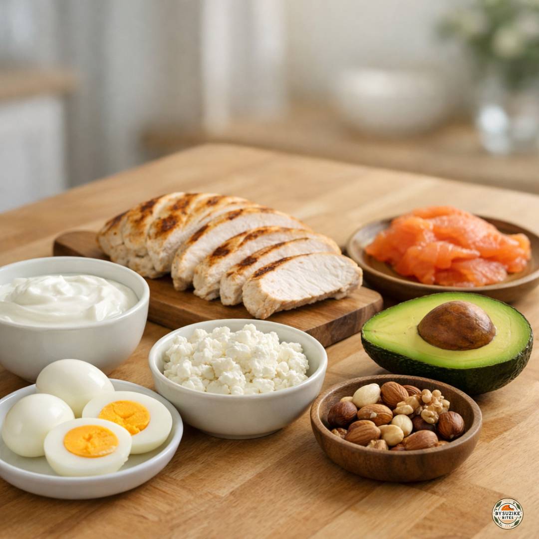 Low carb protein foods on a wooden kitchen countertop including eggs, chicken, smoked salmon, Greek yogurt, cottage cheese, avocado and nuts.
