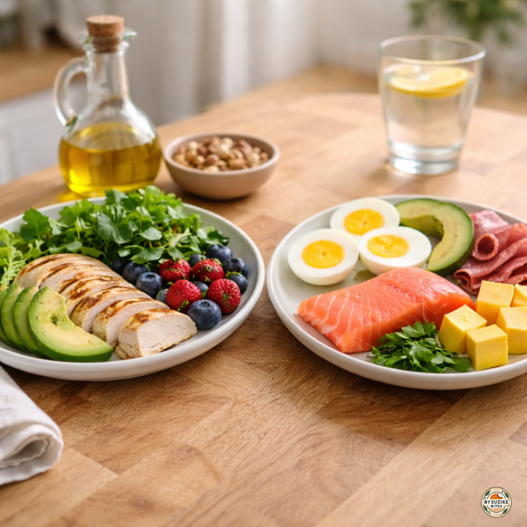 Low carb vs keto meal examples on a plate