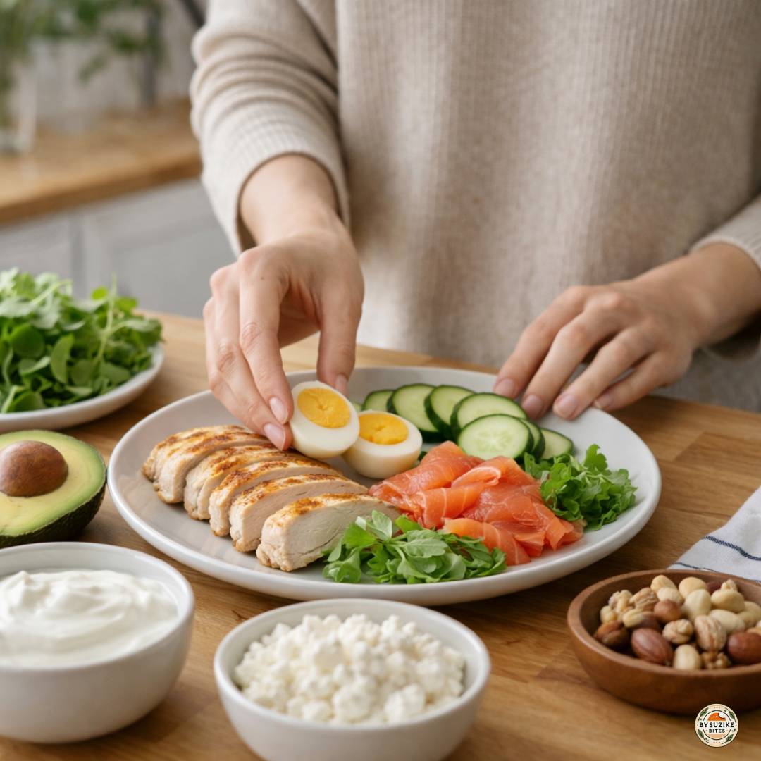 low-carb-protein-foods-ingredients.png Alt text: Low carb protein foods arranged on a wooden table with chicken, smoked salmon, eggs, Greek yogurt, cottage cheese, avocado and nuts.