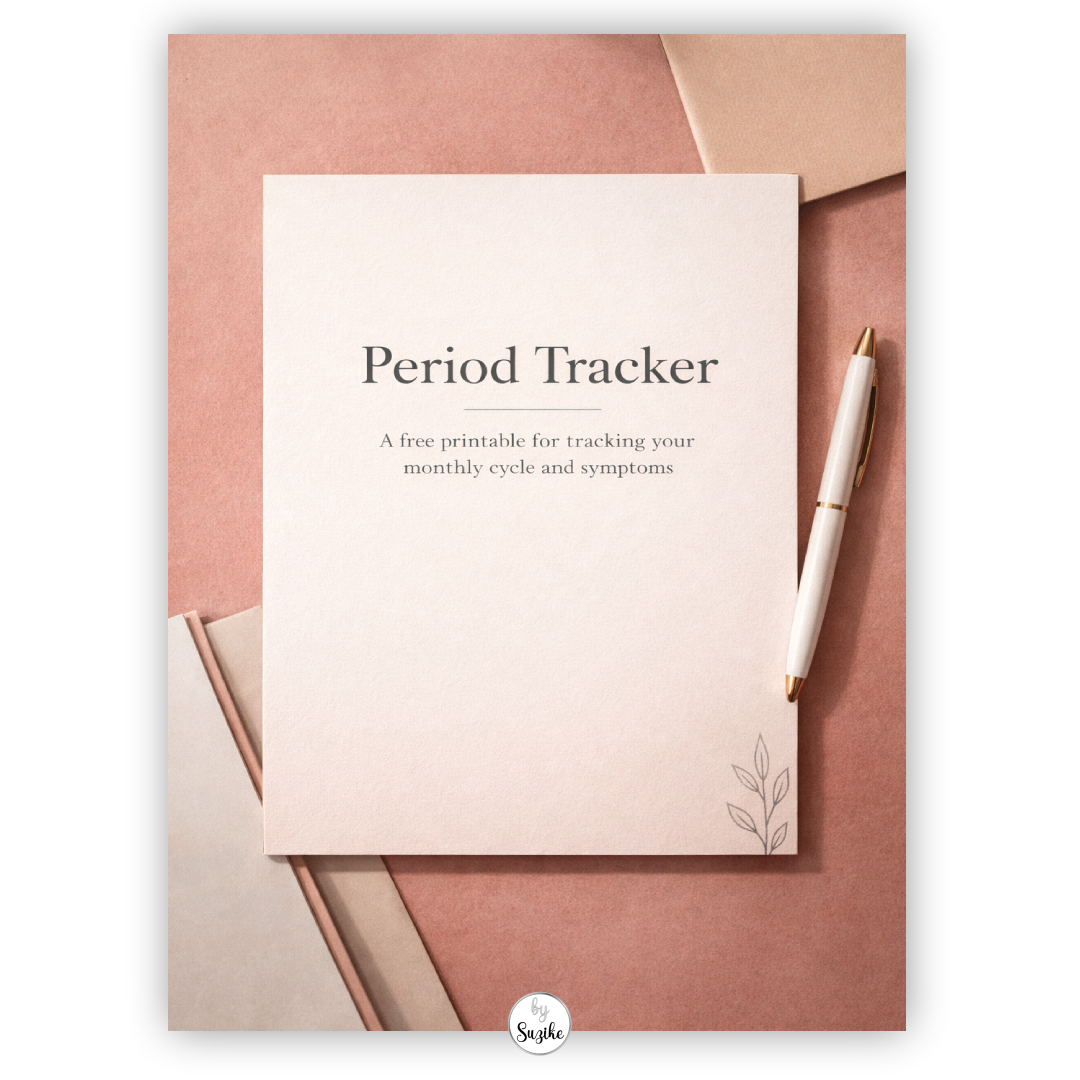Period Tracker free printable cover on a soft blush coral background with elegant typography and a minimal feminine design